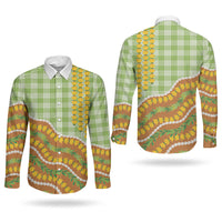 Hawaii Leis Palaka Motifs Couples Matching Puletasi and Long Sleeve Button Shirt Pikake Pakalana Maile Ilima Kakau Style