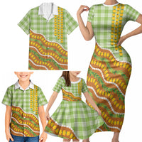 Hawaii Leis Palaka Motifs Family Matching Short Sleeve Bodycon Dress and Hawaiian Shirt Pikake Pakalana Maile Ilima Kakau Style