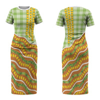 Hawaii Leis Palaka Motifs Family Matching Short Sleeve Bodycon Dress and Hawaiian Shirt Pikake Pakalana Maile Ilima Kakau Style
