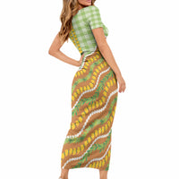 Hawaii Leis Palaka Motifs Short Sleeve Bodycon Dress Pikake Pakalana Maile Ilima Kakau Style