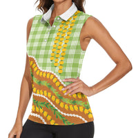 Hawaii Leis Palaka Motifs Women Sleeveless Polo Shirt Pikake Pakalana Maile Ilima Kakau Style