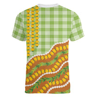 Hawaii Leis Palaka Motifs Women V-Neck T-Shirt Pikake Pakalana Maile Ilima Kakau Style