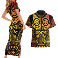 Marquesas Islands Couples Matching Short Sleeve Bodycon Dress and Hawaiian Shirt Marquesan Tattoo Yellow Gradient - Polynesian Pride