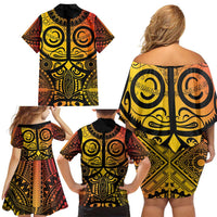 Marquesas Islands Family Matching Off Shoulder Short Dress and Hawaiian Shirt Marquesan Tattoo Yellow Gradient - Polynesian Pride