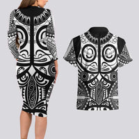 Marquesas Islands Couples Matching Long Sleeve Bodycon Dress and Hawaiian Shirt Marquesan Tattoo Black White Color - Polynesian Pride