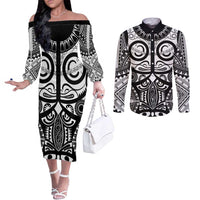 Marquesas Islands Couples Matching Off The Shoulder Long Sleeve Dress and Long Sleeve Button Shirt Marquesan Tattoo Black White Color - Polynesian Pride