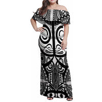 Marquesas Islands Family Matching Off Shoulder Maxi Dress and Hawaiian Shirt Marquesan Tattoo Black White Color - Polynesian Pride