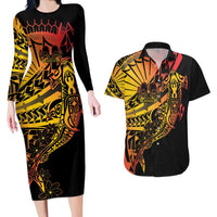 Gradient Marquesas Islands Couples Matching Long Sleeve Bodycon Dress and Hawaiian Shirt Marquesan Matatiki Hammerhead Shark Patutiki - Polynesian Pride