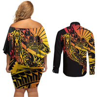 Gradient Marquesas Islands Couples Matching Off Shoulder Short Dress and Long Sleeve Button Shirt Marquesan Matatiki Hammerhead Shark Patutiki - Polynesian Pride