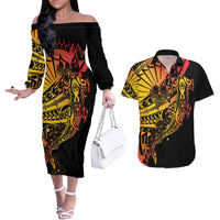 Gradient Marquesas Islands Couples Matching Off The Shoulder Long Sleeve Dress and Hawaiian Shirt Marquesan Matatiki Hammerhead Shark Patutiki - Polynesian Pride