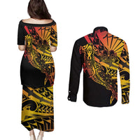 Gradient Marquesas Islands Couples Matching Puletasi and Long Sleeve Button Shirt Marquesan Matatiki Hammerhead Shark Patutiki - Polynesian Pride