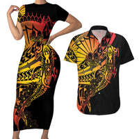 Gradient Marquesas Islands Couples Matching Short Sleeve Bodycon Dress and Hawaiian Shirt Marquesan Matatiki Hammerhead Shark Patutiki - Polynesian Pride