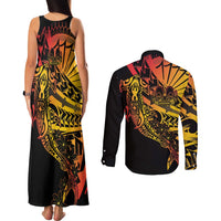 Gradient Marquesas Islands Couples Matching Tank Maxi Dress and Long Sleeve Button Shirt Marquesan Matatiki Hammerhead Shark Patutiki - Polynesian Pride
