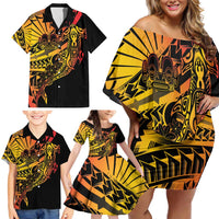 Gradient Marquesas Islands Family Matching Off Shoulder Short Dress and Hawaiian Shirt Marquesan Matatiki Hammerhead Shark Patutiki - Polynesian Pride