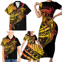 Gradient Marquesas Islands Family Matching Short Sleeve Bodycon Dress and Hawaiian Shirt Marquesan Matatiki Hammerhead Shark Patutiki - Polynesian Pride