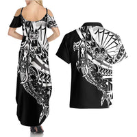 Black White Marquesas Islands Couples Matching Summer Maxi Dress and Hawaiian Shirt Marquesan Matatiki Hammerhead Shark Patutiki - Polynesian Pride