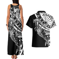 Black White Marquesas Islands Couples Matching Tank Maxi Dress and Hawaiian Shirt Marquesan Matatiki Hammerhead Shark Patutiki - Polynesian Pride