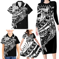 Black White Marquesas Islands Family Matching Long Sleeve Bodycon Dress and Hawaiian Shirt Marquesan Matatiki Hammerhead Shark Patutiki - Polynesian Pride
