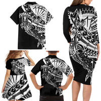 Black White Marquesas Islands Family Matching Long Sleeve Bodycon Dress and Hawaiian Shirt Marquesan Matatiki Hammerhead Shark Patutiki - Polynesian Pride