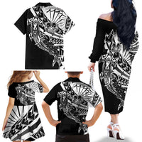 Black White Marquesas Islands Family Matching Off The Shoulder Long Sleeve Dress and Hawaiian Shirt Marquesan Matatiki Hammerhead Shark Patutiki - Polynesian Pride
