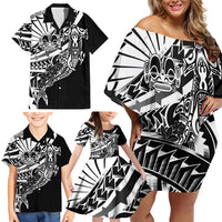 Black White Marquesas Islands Family Matching Off Shoulder Short Dress and Hawaiian Shirt Marquesan Matatiki Hammerhead Shark Patutiki - Polynesian Pride