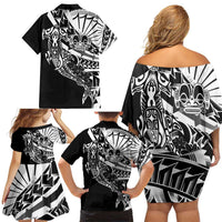 Black White Marquesas Islands Family Matching Off Shoulder Short Dress and Hawaiian Shirt Marquesan Matatiki Hammerhead Shark Patutiki - Polynesian Pride