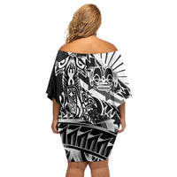 Black White Marquesas Islands Family Matching Off Shoulder Short Dress and Hawaiian Shirt Marquesan Matatiki Hammerhead Shark Patutiki - Polynesian Pride