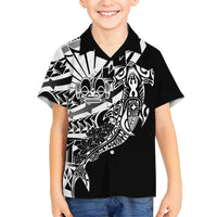 Black White Marquesas Islands Family Matching Off Shoulder Short Dress and Hawaiian Shirt Marquesan Matatiki Hammerhead Shark Patutiki - Polynesian Pride