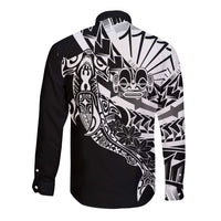 Black White Marquesas Islands Long Sleeve Button Shirt Marquesan Matatiki Hammerhead Shark Patutiki - Polynesian Pride