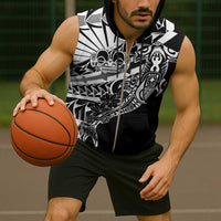 Black White Marquesas Islands Sleeveless Zip Hoodie Marquesan Matatiki Hammerhead Shark Patutiki - Polynesian Pride