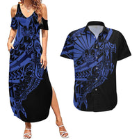 Blue Marquesas Islands Couples Matching Summer Maxi Dress and Hawaiian Shirt Marquesan Matatiki Hammerhead Shark Patutiki - Polynesian Pride