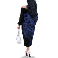 Blue Marquesas Islands Family Matching Off The Shoulder Long Sleeve Dress and Hawaiian Shirt Marquesan Matatiki Hammerhead Shark Patutiki - Polynesian Pride