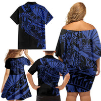 Blue Marquesas Islands Family Matching Off Shoulder Short Dress and Hawaiian Shirt Marquesan Matatiki Hammerhead Shark Patutiki - Polynesian Pride