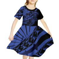 Blue Marquesas Islands Kid Short Sleeve Dress Marquesan Matatiki Hammerhead Shark Patutiki - Polynesian Pride
