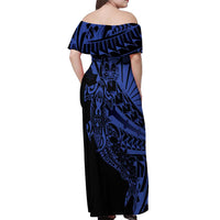 Blue Marquesas Islands Off Shoulder Maxi Dress Marquesan Matatiki Hammerhead Shark Patutiki - Polynesian Pride