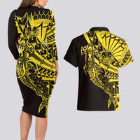 Yellow Marquesas Islands Couples Matching Long Sleeve Bodycon Dress and Hawaiian Shirt Marquesan Matatiki Hammerhead Shark Patutiki - Polynesian Pride