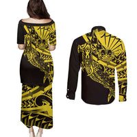 Yellow Marquesas Islands Couples Matching Puletasi and Long Sleeve Button Shirt Marquesan Matatiki Hammerhead Shark Patutiki - Polynesian Pride