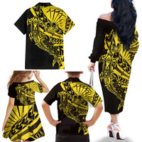 Yellow Marquesas Islands Family Matching Off The Shoulder Long Sleeve Dress and Hawaiian Shirt Marquesan Matatiki Hammerhead Shark Patutiki - Polynesian Pride