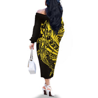 Yellow Marquesas Islands Family Matching Off The Shoulder Long Sleeve Dress and Hawaiian Shirt Marquesan Matatiki Hammerhead Shark Patutiki - Polynesian Pride