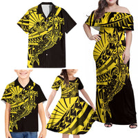 Yellow Marquesas Islands Family Matching Off Shoulder Maxi Dress and Hawaiian Shirt Marquesan Matatiki Hammerhead Shark Patutiki - Polynesian Pride