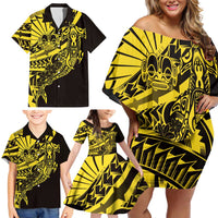 Yellow Marquesas Islands Family Matching Off Shoulder Short Dress and Hawaiian Shirt Marquesan Matatiki Hammerhead Shark Patutiki - Polynesian Pride
