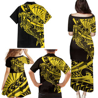 Yellow Marquesas Islands Family Matching Puletasi and Hawaiian Shirt Marquesan Matatiki Hammerhead Shark Patutiki - Polynesian Pride