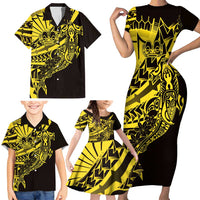 Yellow Marquesas Islands Family Matching Short Sleeve Bodycon Dress and Hawaiian Shirt Marquesan Matatiki Hammerhead Shark Patutiki - Polynesian Pride