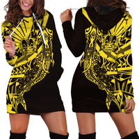 Yellow Marquesas Islands Hoodie Dress Marquesan Matatiki Hammerhead Shark Patutiki - Polynesian Pride