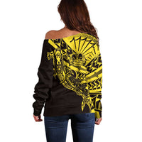 Yellow Marquesas Islands Off Shoulder Sweater Marquesan Matatiki Hammerhead Shark Patutiki - Polynesian Pride