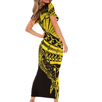 Yellow Marquesas Islands Short Sleeve Bodycon Dress Marquesan Matatiki Hammerhead Shark Patutiki - Polynesian Pride