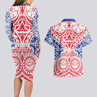 Austral Islands Couples Matching Long Sleeve Bodycon Dress and Hawaiian Shirt Tuhaa Pae Penu Stars Necklace Red LT14 - Polynesian Pride