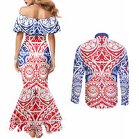 Austral Islands Couples Matching Mermaid Dress and Long Sleeve Button Shirt Tuhaa Pae Penu Stars Necklace Red - Polynesian Pride