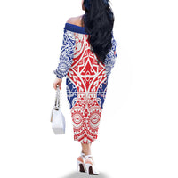 Austral Islands Family Matching Off The Shoulder Long Sleeve Dress and Hawaiian Shirt Tuhaa Pae Penu Stars Necklace Red - Polynesian Pride