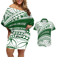 Personalised Samoa Faleata College Couples Matching Off Shoulder Short Dress and Hawaiian Shirt Samoan Pattern LT14 Green - Polynesian Pride